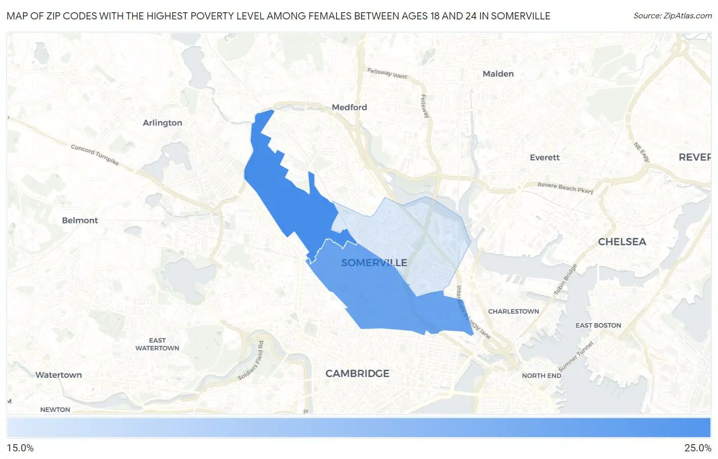 Zip Codes with the Highest Poverty Level Among Females Between Ages 18 and 24 in Somerville Map