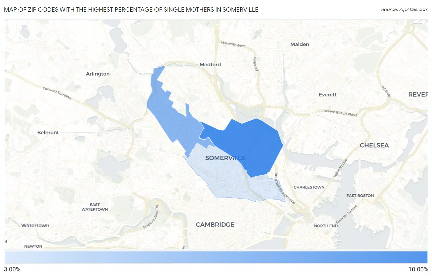 Zip Codes with the Highest Percentage of Single Mothers in Somerville Map