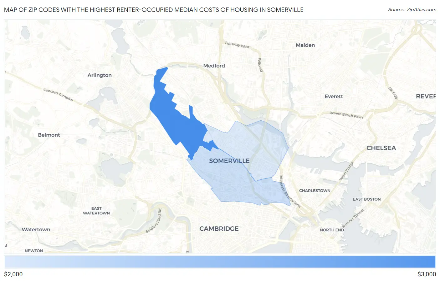 Zip Codes with the Highest Renter-Occupied Median Costs of Housing in Somerville Map