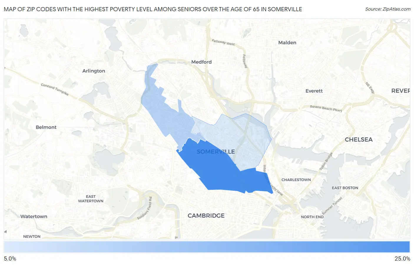 Zip Codes with the Highest Poverty Level Among Seniors Over the Age of 65 in Somerville Map