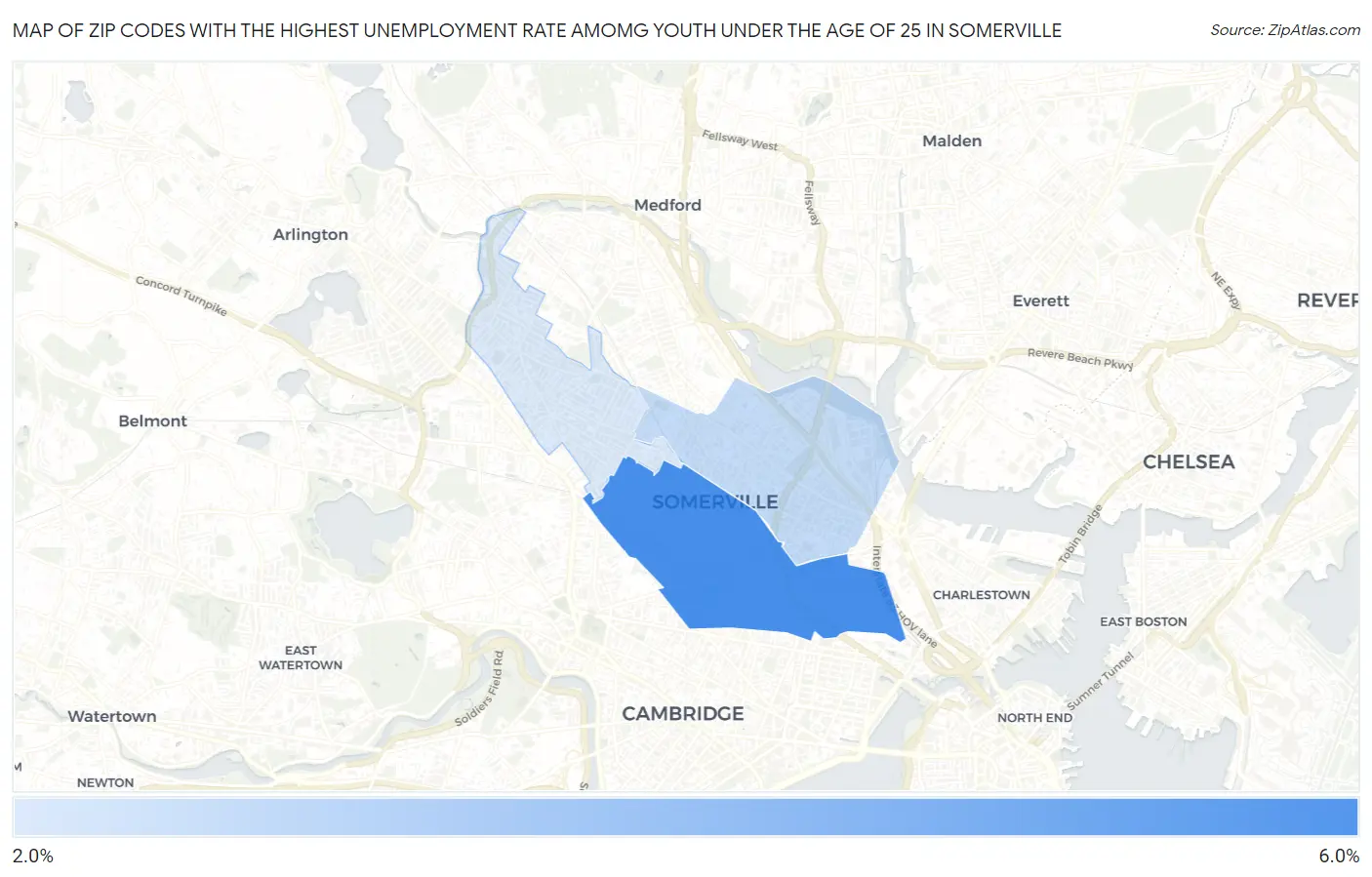 Zip Codes with the Highest Unemployment Rate Amomg Youth Under the Age of 25 in Somerville Map