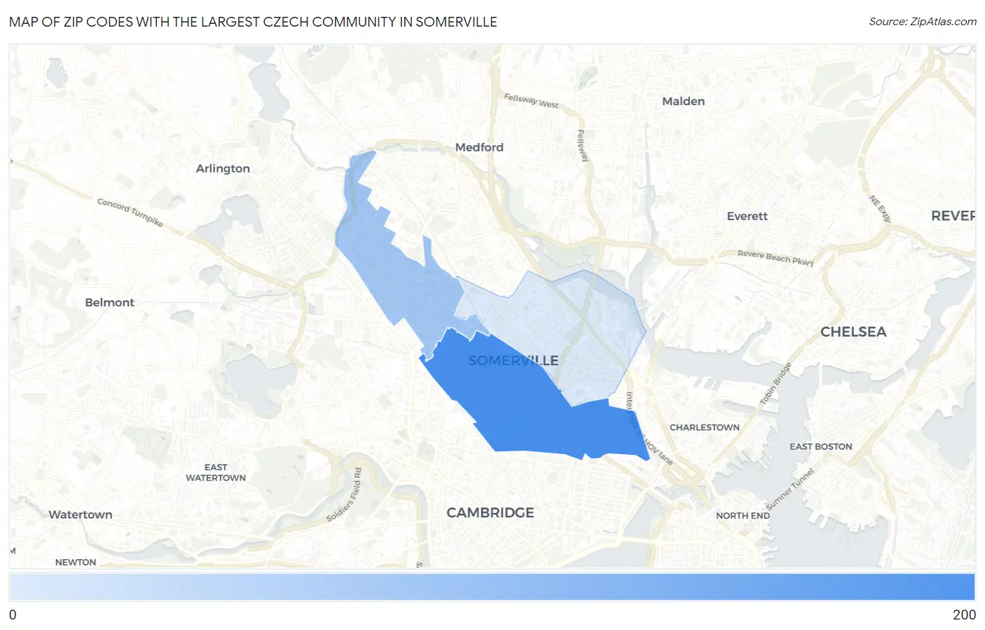 Zip Codes with the Largest Czech Community in Somerville Map