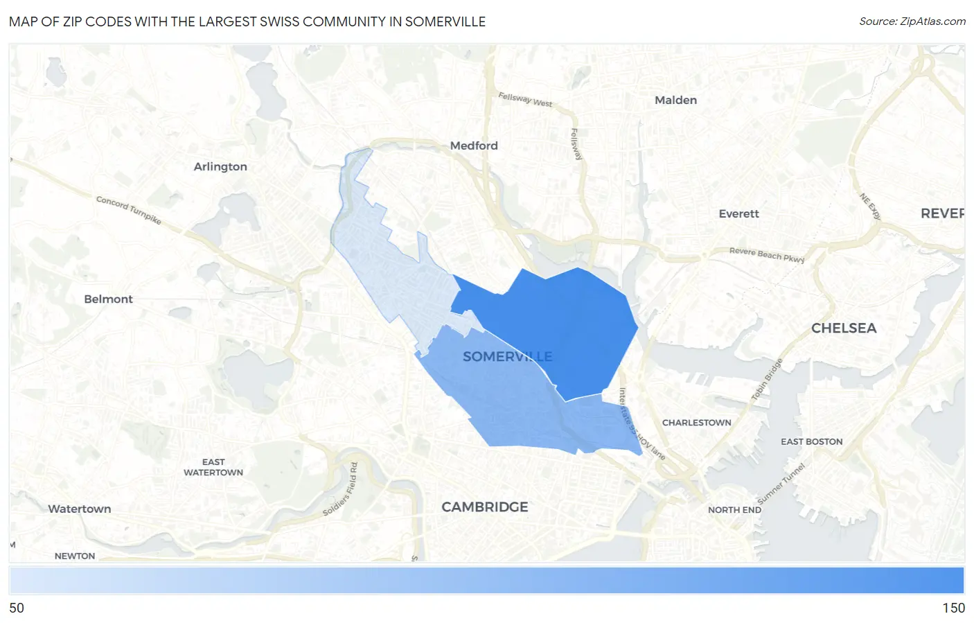Zip Codes with the Largest Swiss Community in Somerville Map