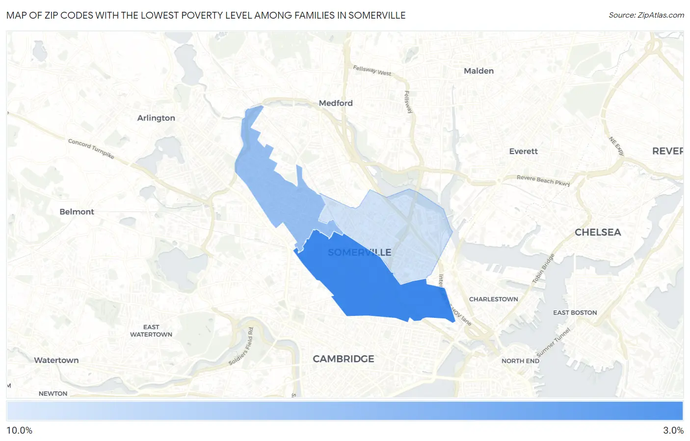 Zip Codes with the Lowest Poverty Level Among Families in Somerville Map