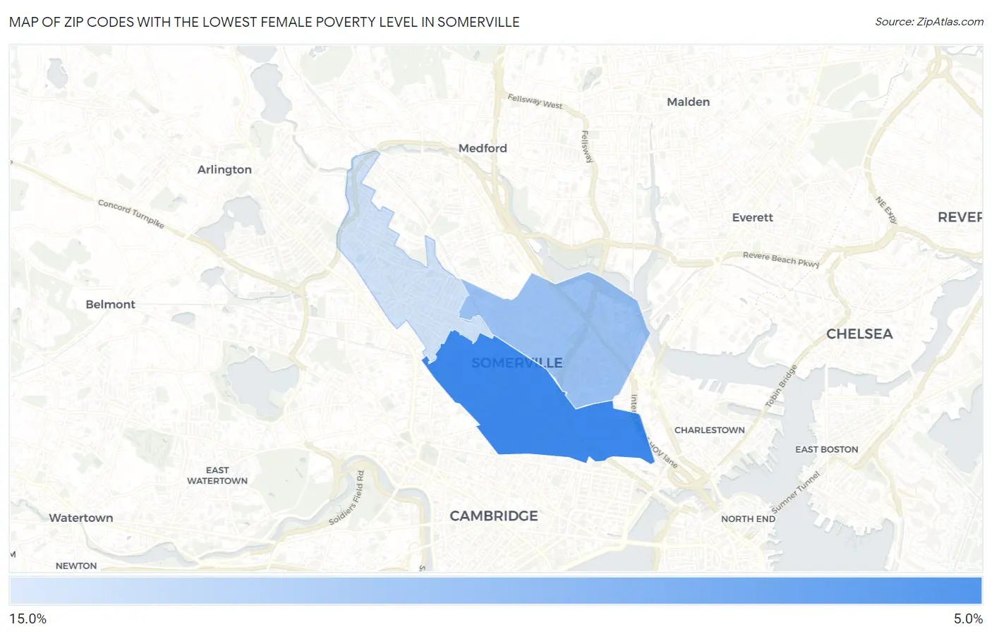Zip Codes with the Lowest Female Poverty Level in Somerville Map