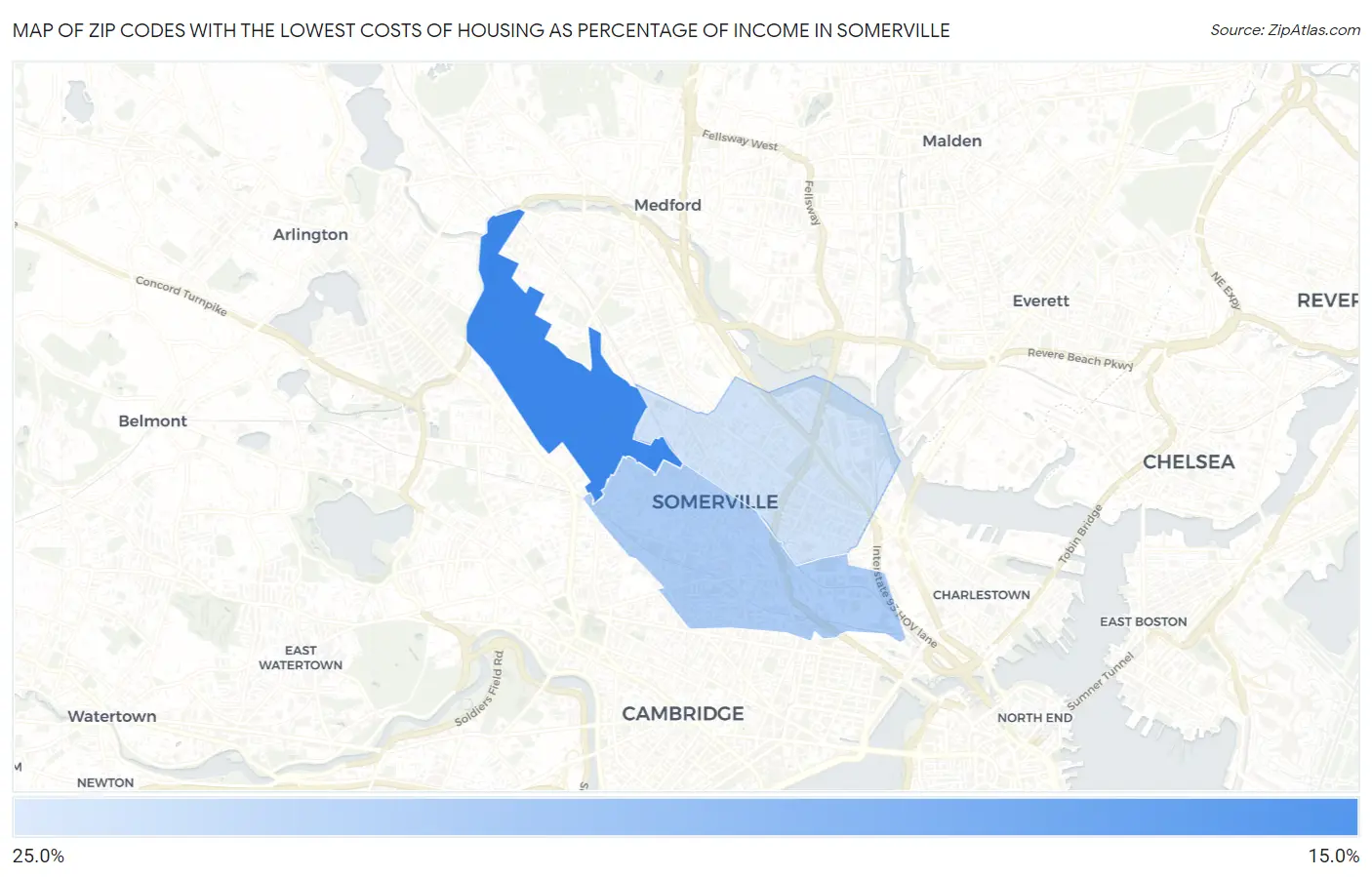 Zip Codes with the Lowest Costs of Housing as Percentage of Income in Somerville Map