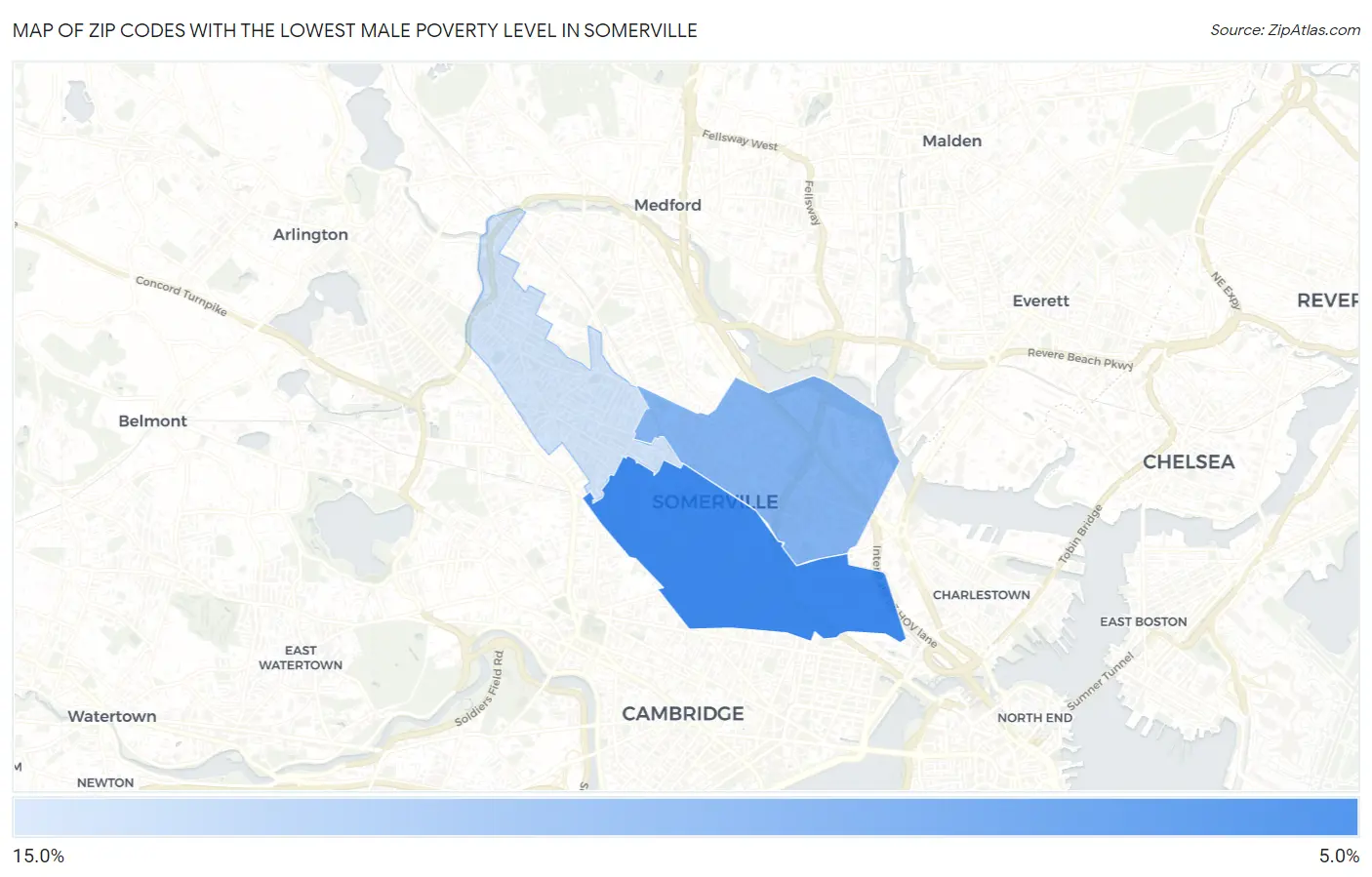 Zip Codes with the Lowest Male Poverty Level in Somerville Map