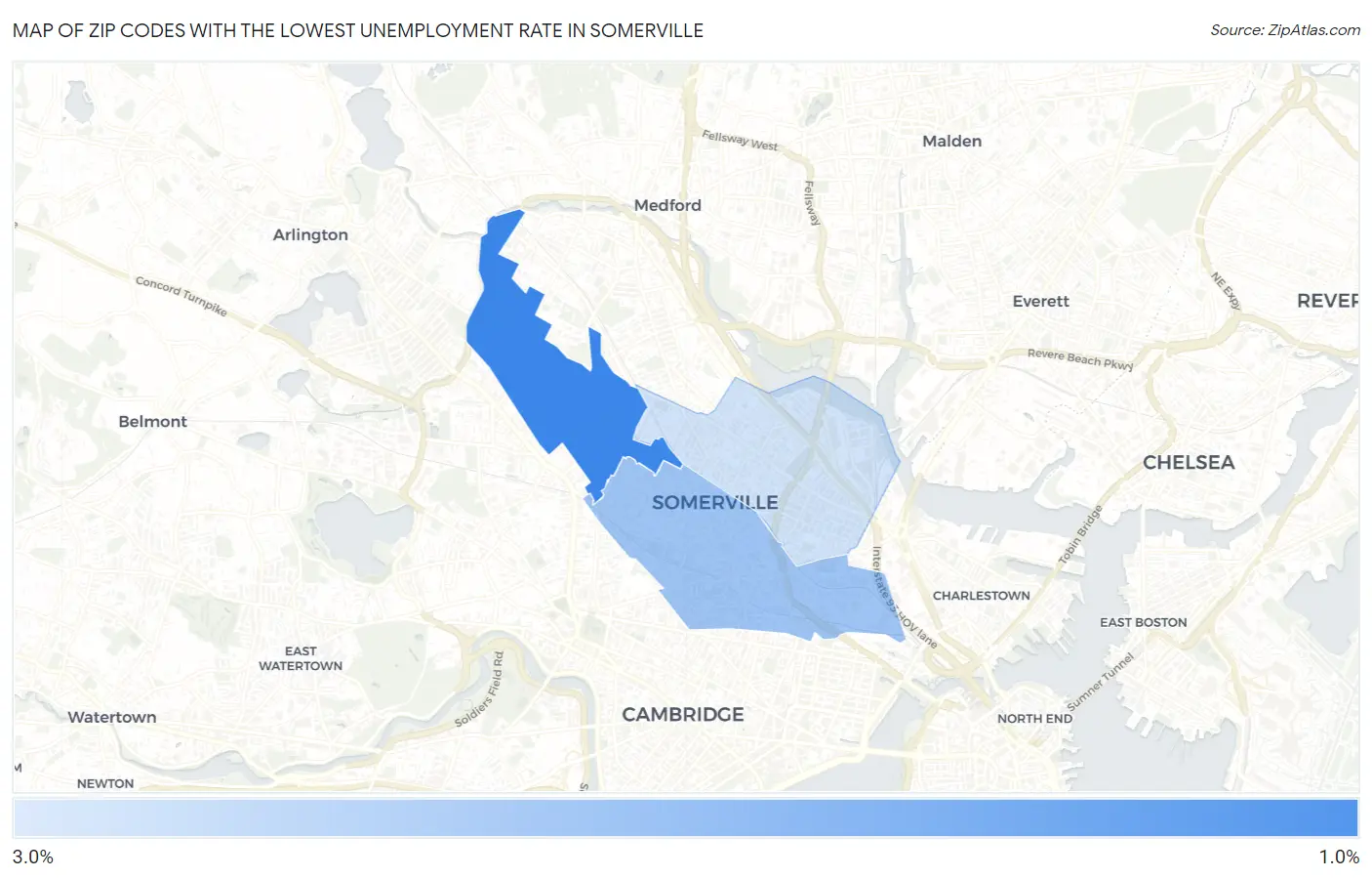 Zip Codes with the Lowest Unemployment Rate in Somerville Map
