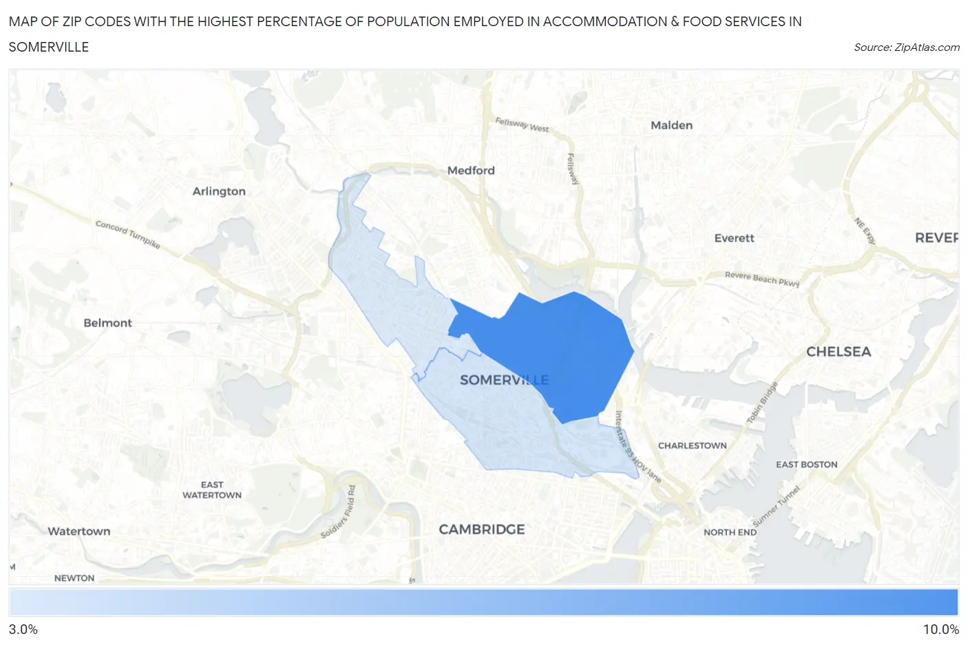 Zip Codes with the Highest Percentage of Population Employed in Accommodation & Food Services in Somerville Map
