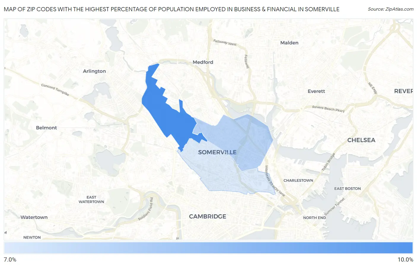 Zip Codes with the Highest Percentage of Population Employed in Business & Financial in Somerville Map