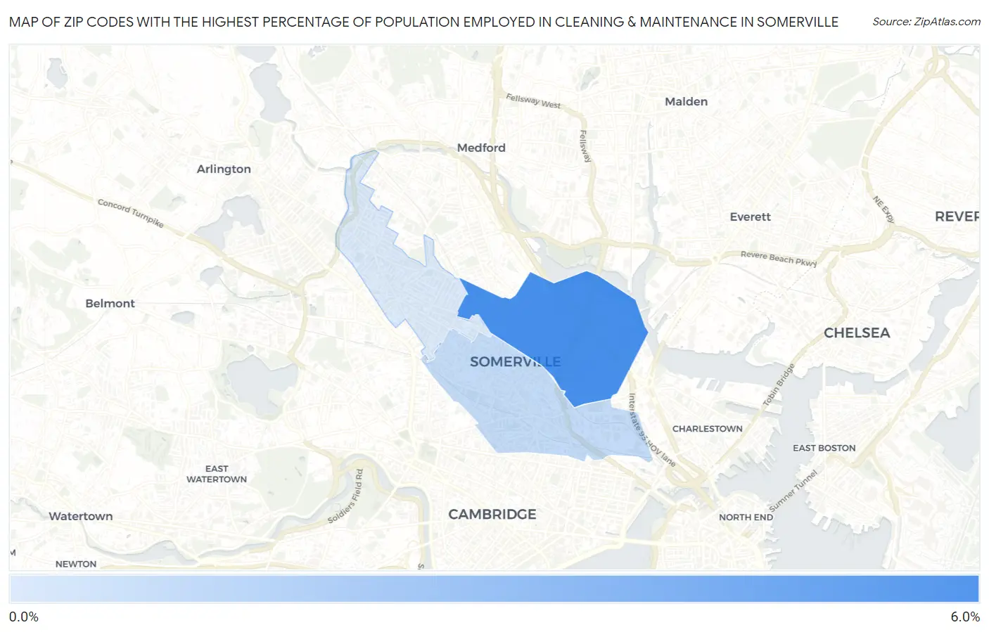 Zip Codes with the Highest Percentage of Population Employed in Cleaning & Maintenance in Somerville Map