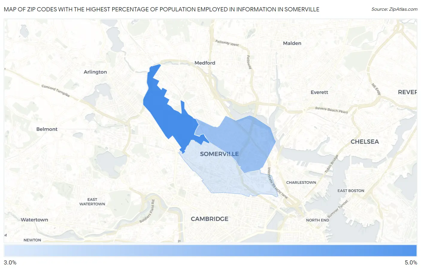 Zip Codes with the Highest Percentage of Population Employed in Information in Somerville Map