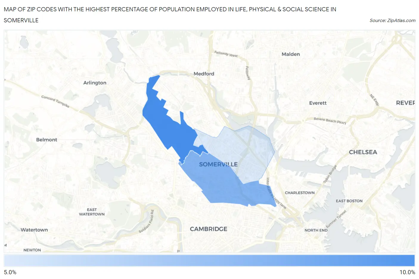 Zip Codes with the Highest Percentage of Population Employed in Life, Physical & Social Science in Somerville Map
