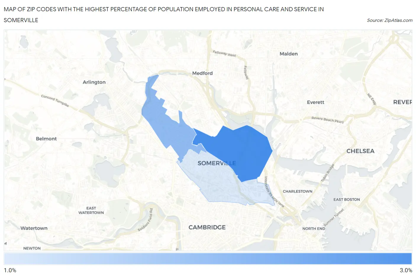 Zip Codes with the Highest Percentage of Population Employed in Personal Care and Service in Somerville Map