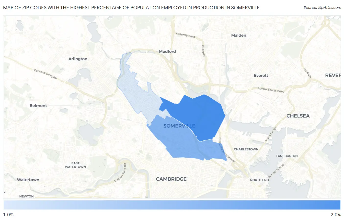Zip Codes with the Highest Percentage of Population Employed in Production in Somerville Map