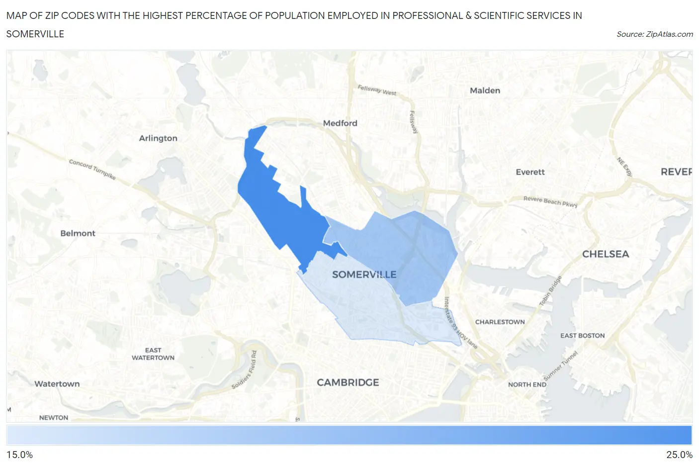 Zip Codes with the Highest Percentage of Population Employed in Professional & Scientific Services in Somerville Map