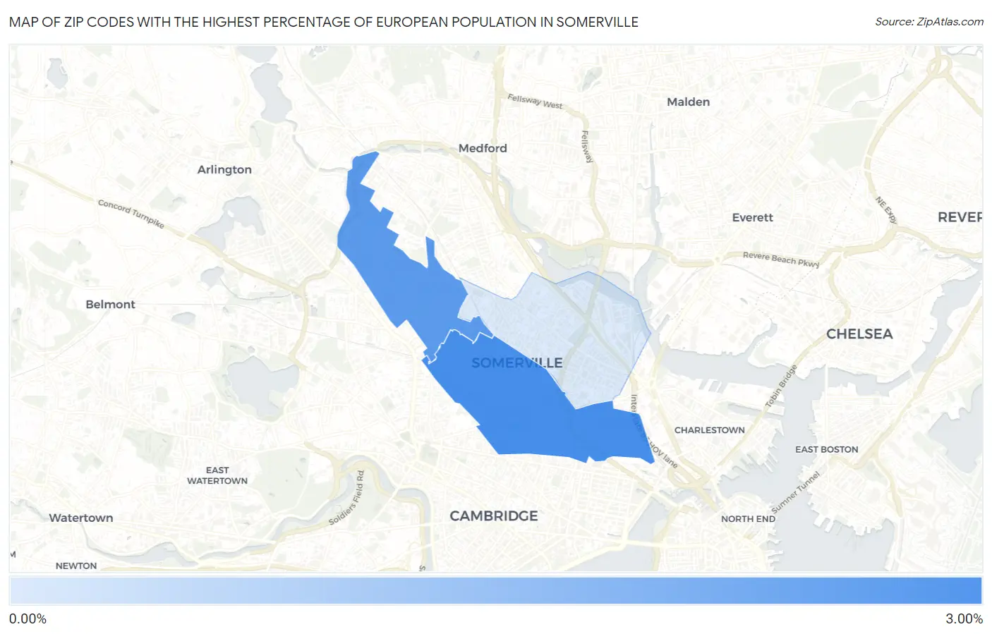 Zip Codes with the Highest Percentage of European Population in Somerville Map