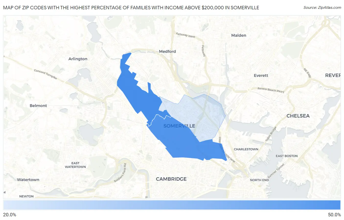 Zip Codes with the Highest Percentage of Families with Income Above $200,000 in Somerville Map