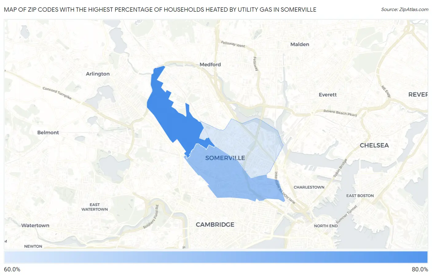 Zip Codes with the Highest Percentage of Households Heated by Utility Gas in Somerville Map