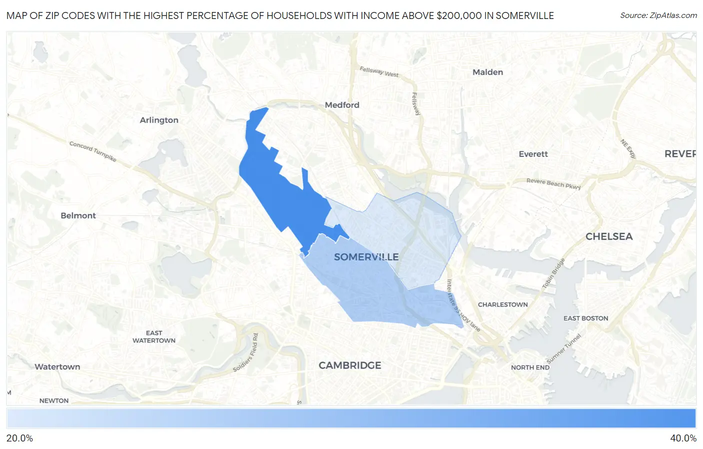 Zip Codes with the Highest Percentage of Households with Income Above $200,000 in Somerville Map