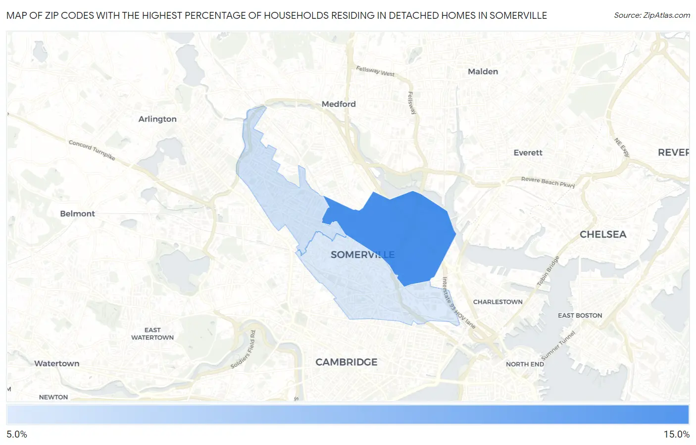Zip Codes with the Highest Percentage of Households Residing in Detached Homes in Somerville Map