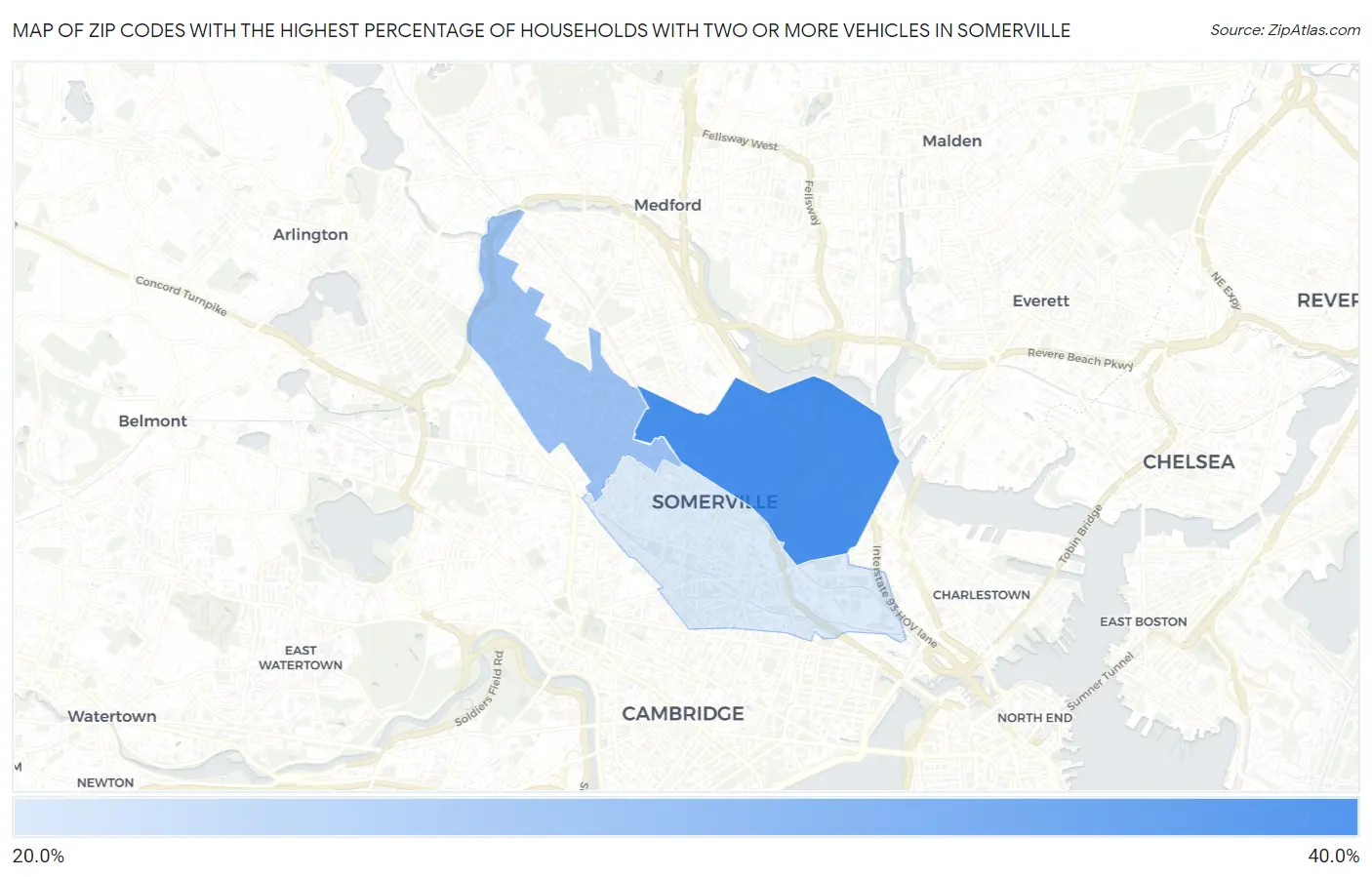 Zip Codes with the Highest Percentage of Households With Two or more Vehicles in Somerville Map