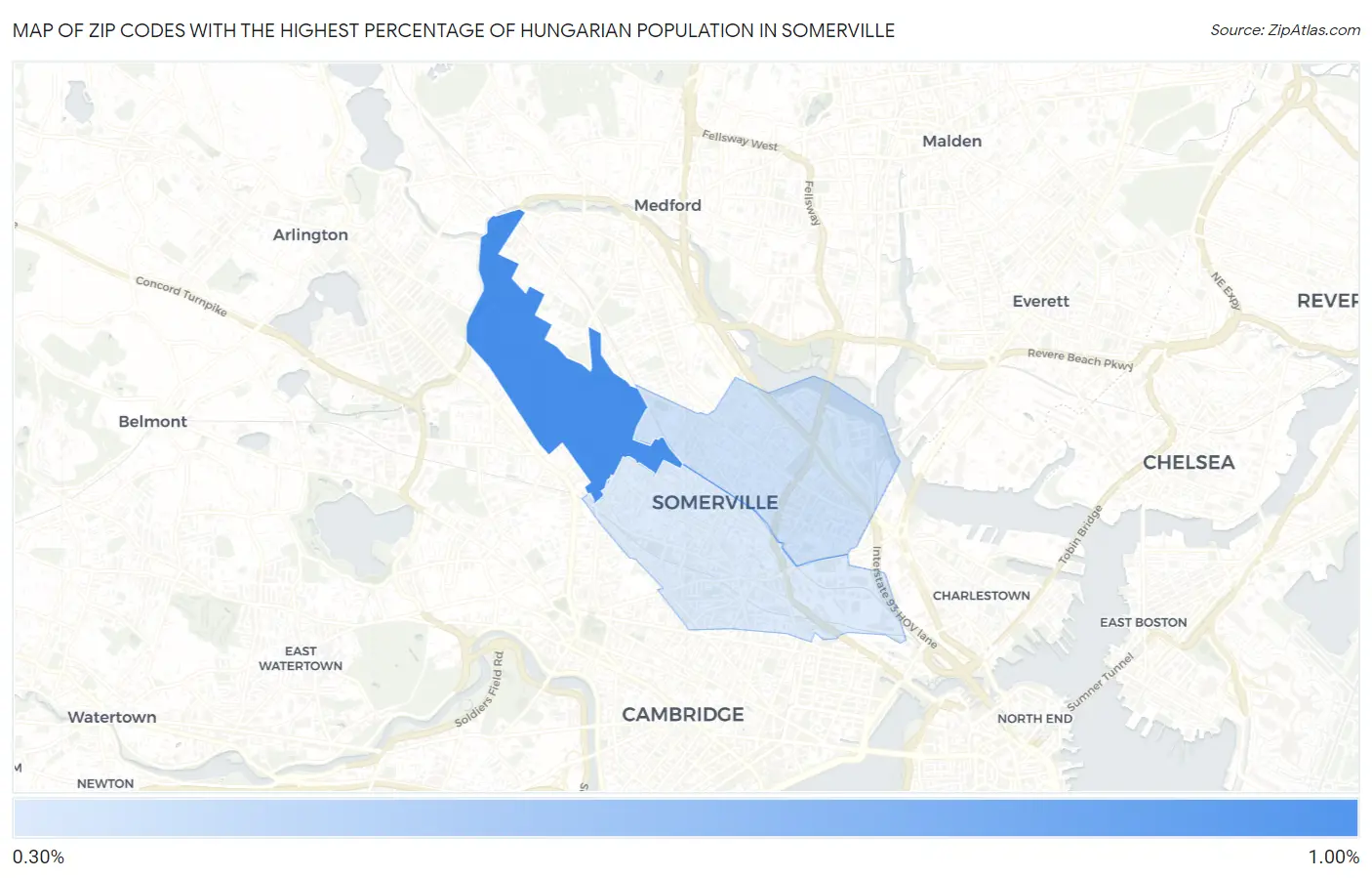 Zip Codes with the Highest Percentage of Hungarian Population in Somerville Map