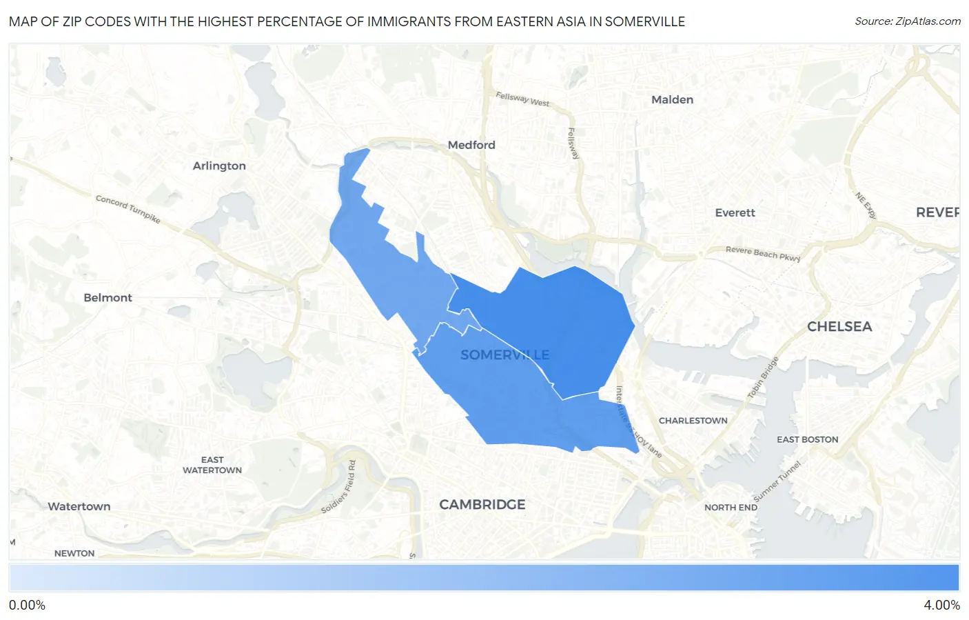 Zip Codes with the Highest Percentage of Immigrants from Eastern Asia in Somerville Map