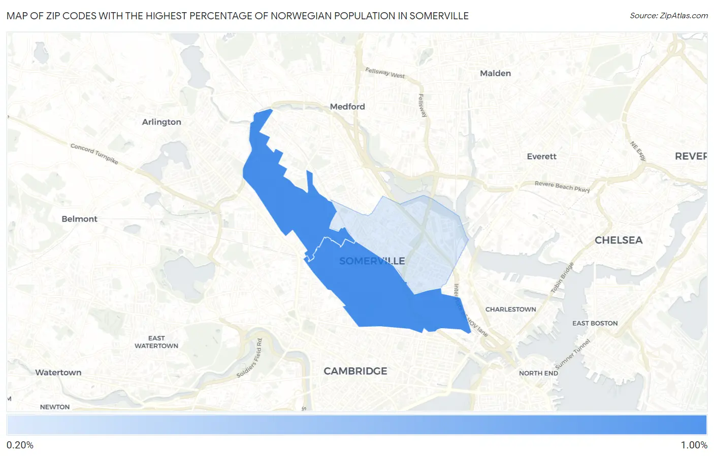 Zip Codes with the Highest Percentage of Norwegian Population in Somerville Map