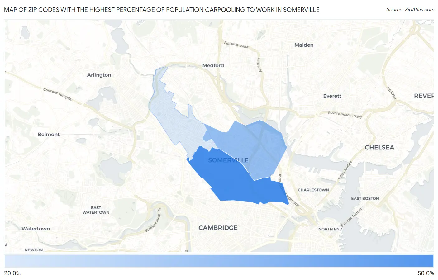 Zip Codes with the Highest Percentage of Population Carpooling to Work in Somerville Map