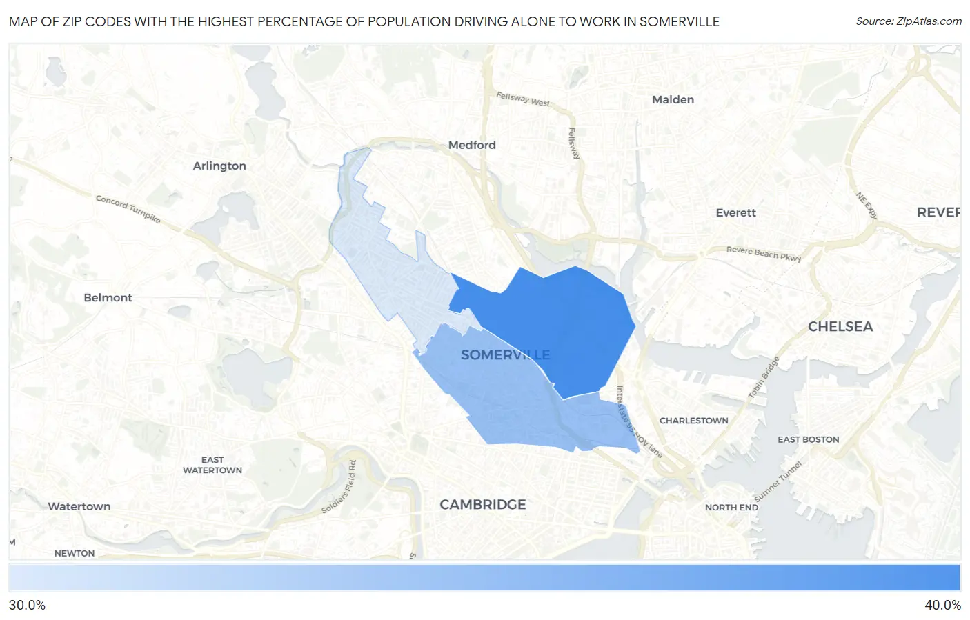 Zip Codes with the Highest Percentage of Population Driving Alone to Work in Somerville Map