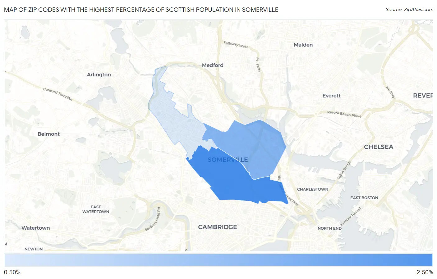 Zip Codes with the Highest Percentage of Scottish Population in Somerville Map
