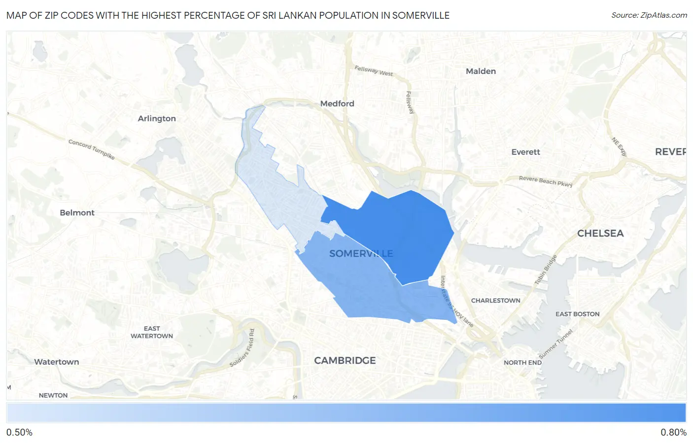 Zip Codes with the Highest Percentage of Sri Lankan Population in Somerville Map