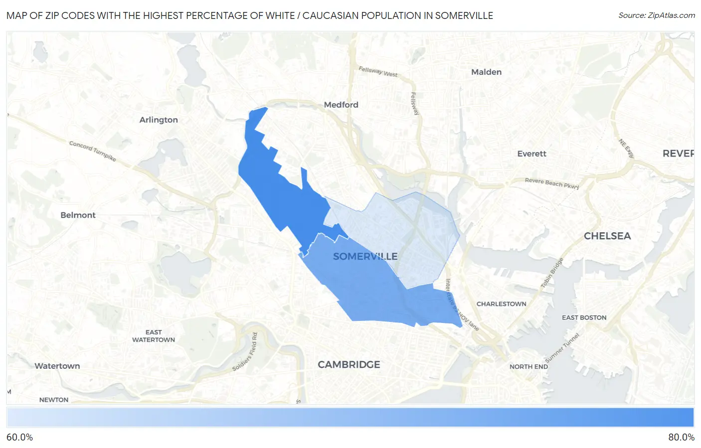 Zip Codes with the Highest Percentage of White / Caucasian Population in Somerville Map