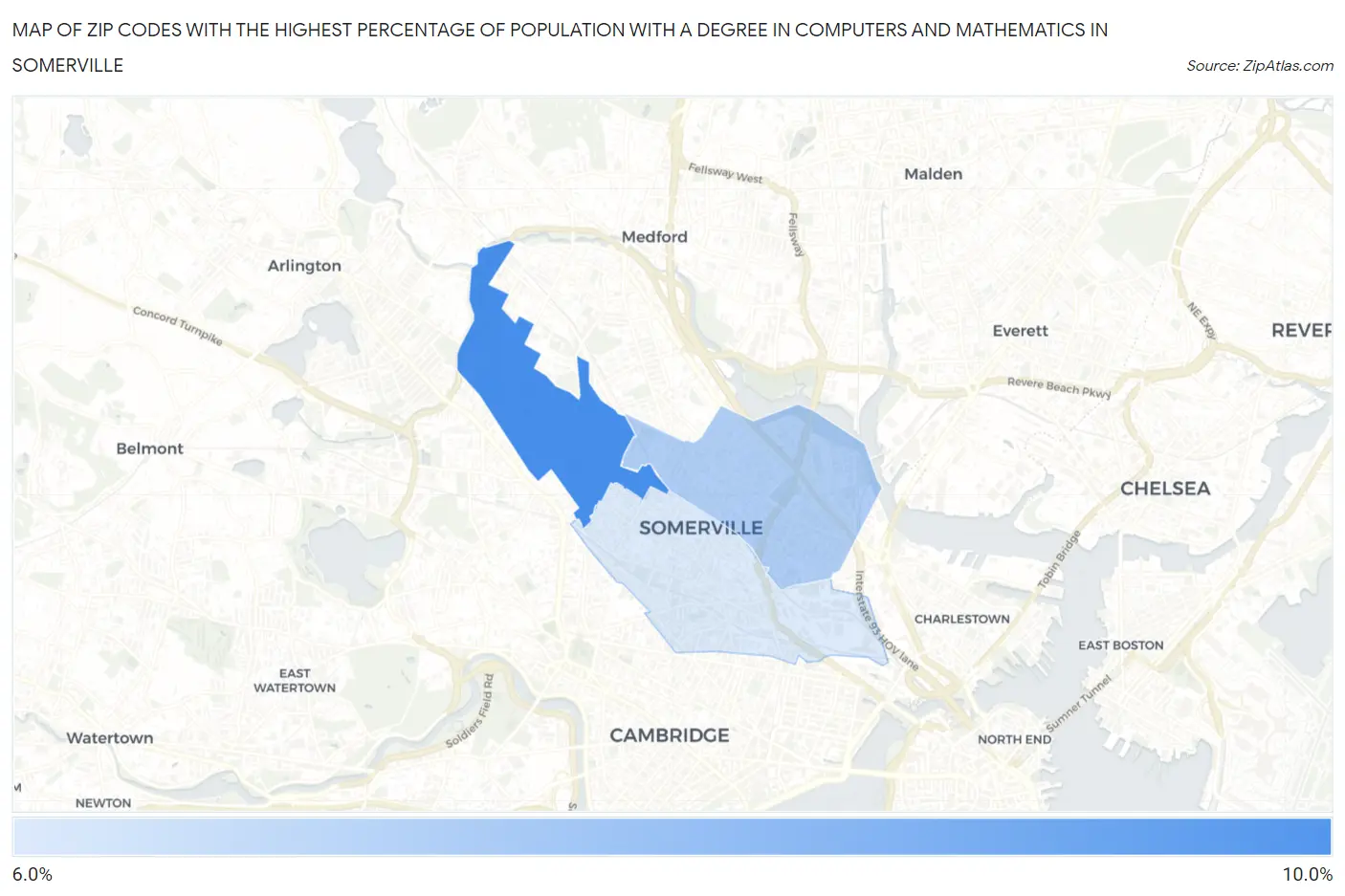 Zip Codes with the Highest Percentage of Population with a Degree in Computers and Mathematics in Somerville Map