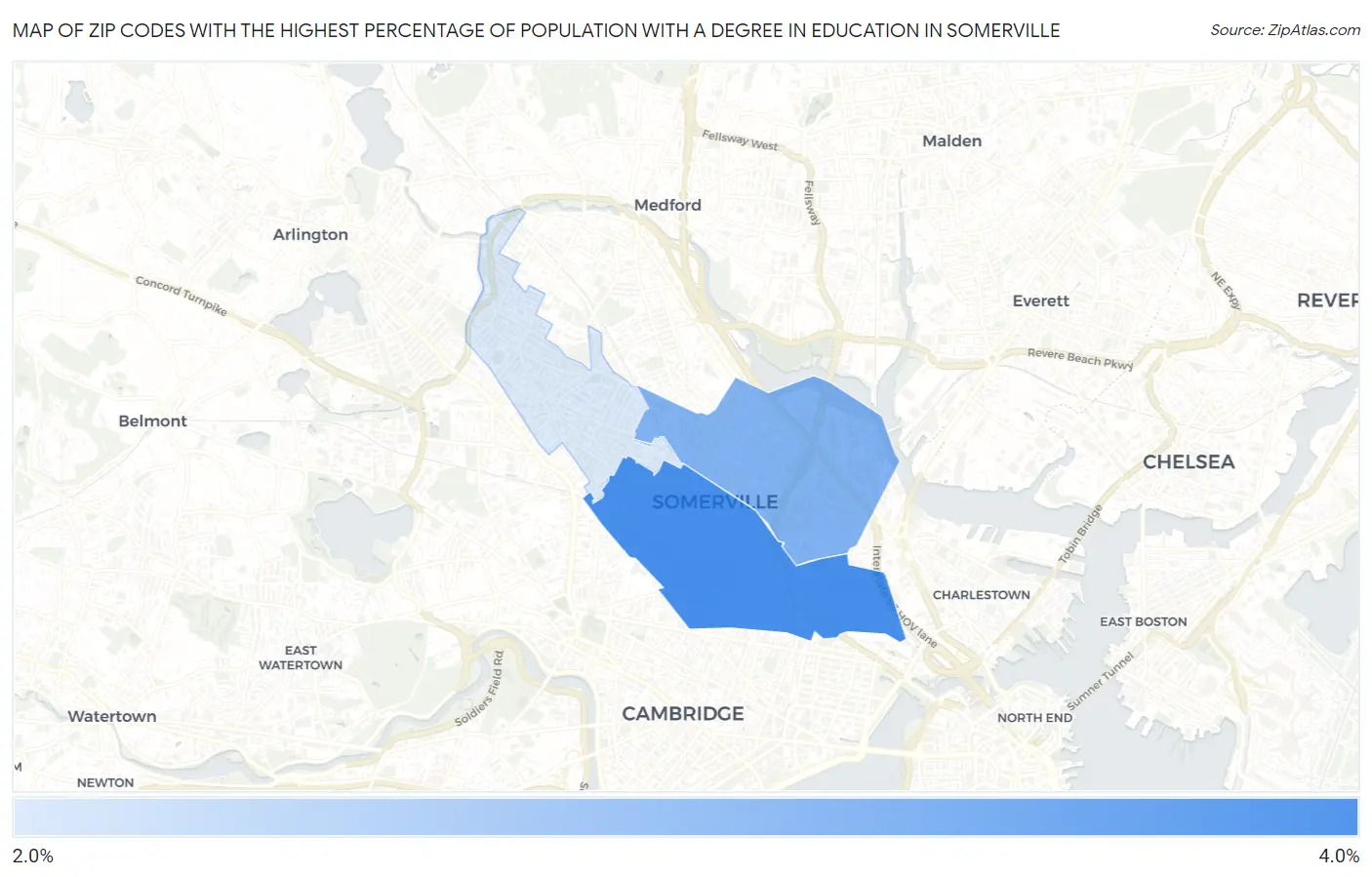 Zip Codes with the Highest Percentage of Population with a Degree in Education in Somerville Map
