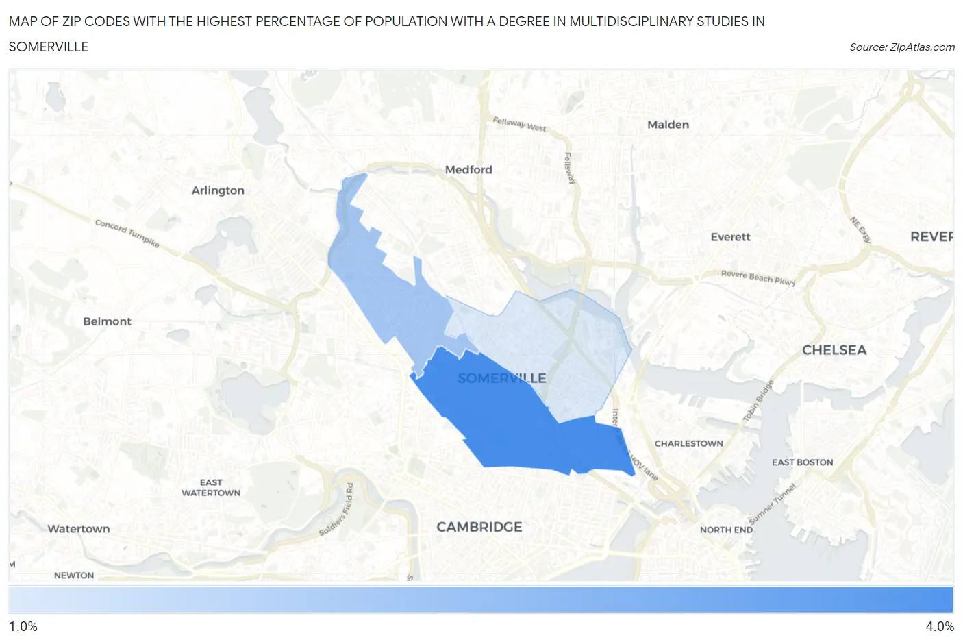 Zip Codes with the Highest Percentage of Population with a Degree in Multidisciplinary Studies in Somerville Map