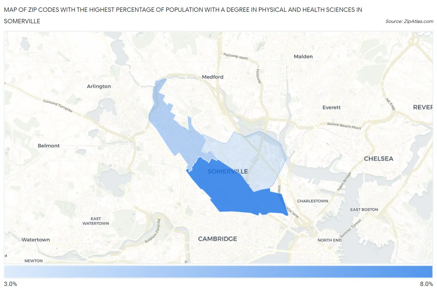 Zip Codes with the Highest Percentage of Population with a Degree in Physical and Health Sciences in Somerville Map