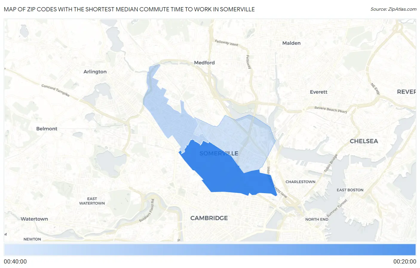 Zip Codes with the Shortest Median Commute Time to Work in Somerville Map