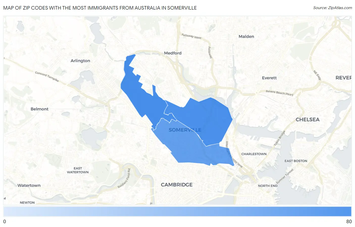Zip Codes with the Most Immigrants from Australia in Somerville Map