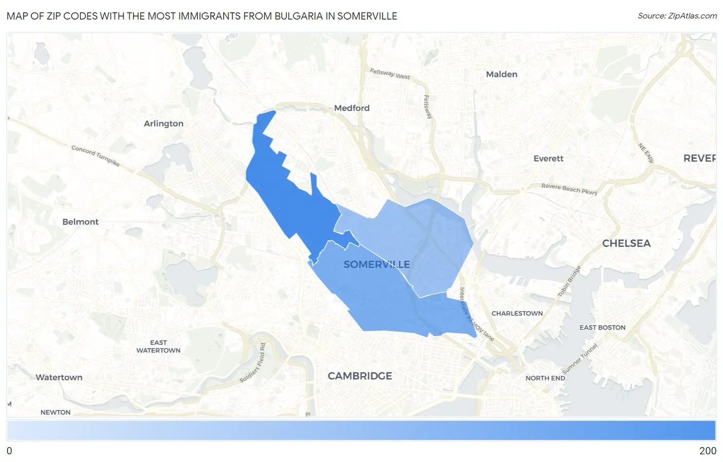 Zip Codes with the Most Immigrants from Bulgaria in Somerville Map