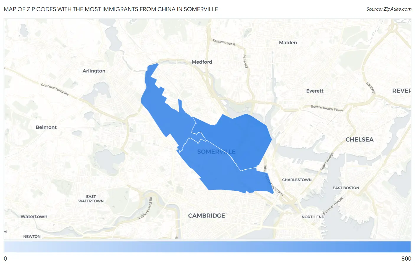 Zip Codes with the Most Immigrants from China in Somerville Map
