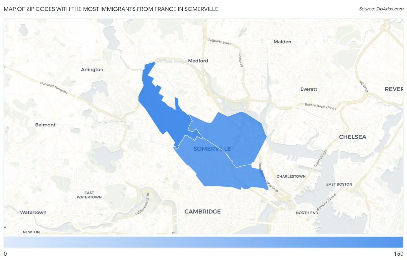 Zip Codes with the Most Immigrants from France in Somerville Map