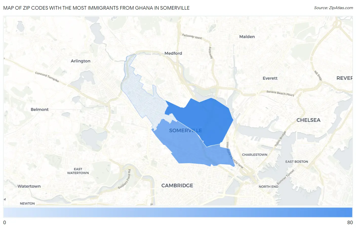 Zip Codes with the Most Immigrants from Ghana in Somerville Map
