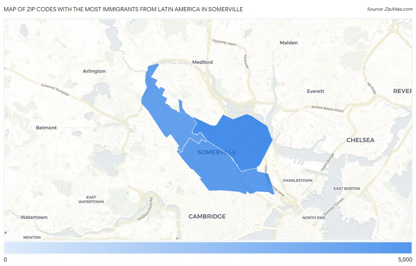 Zip Codes with the Most Immigrants from Latin America in Somerville Map