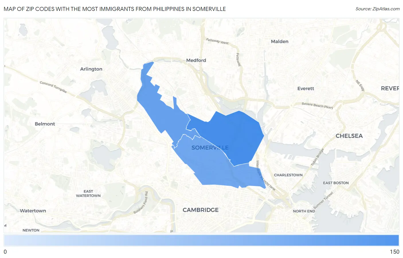 Zip Codes with the Most Immigrants from Philippines in Somerville Map