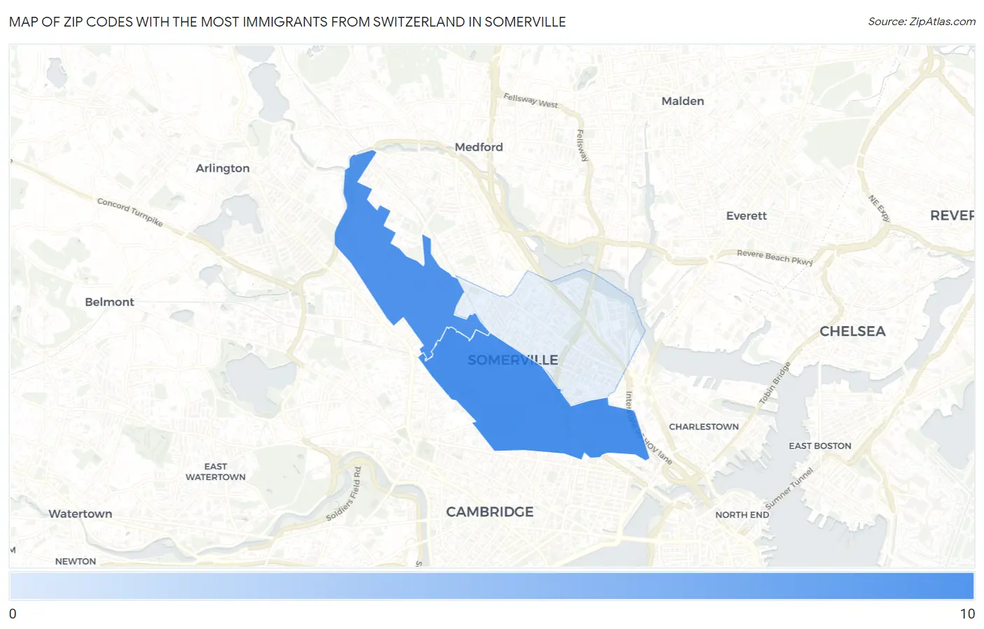 Zip Codes with the Most Immigrants from Switzerland in Somerville Map