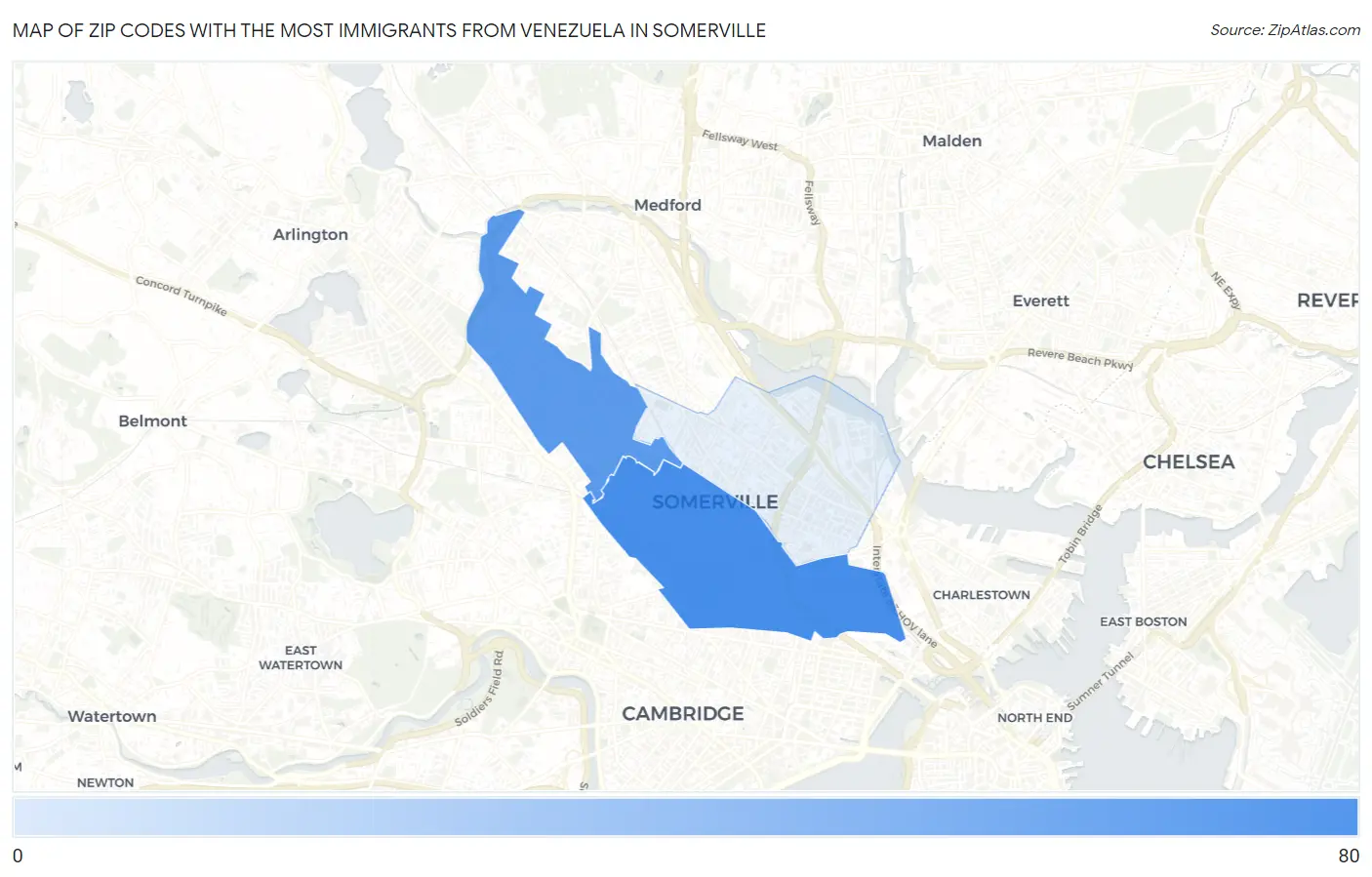 Zip Codes with the Most Immigrants from Venezuela in Somerville Map