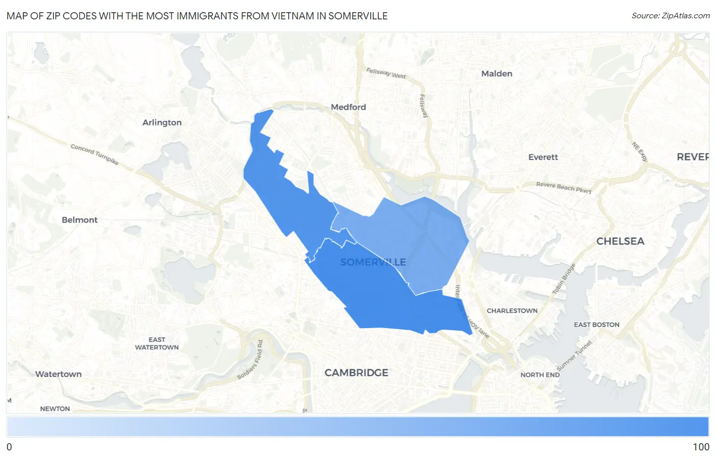 Zip Codes with the Most Immigrants from Vietnam in Somerville Map