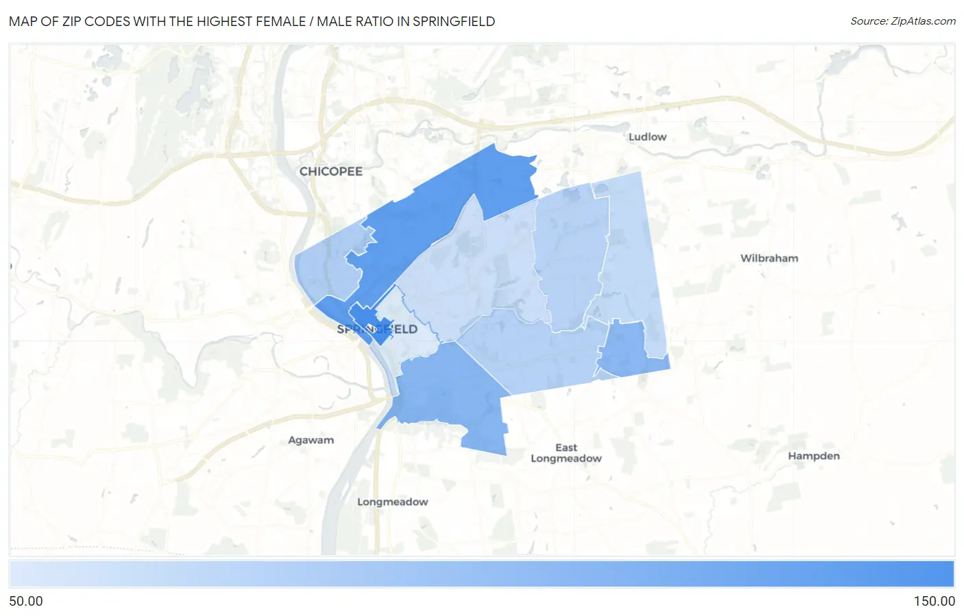 Zip Codes with the Highest Female / Male Ratio in Springfield Map
